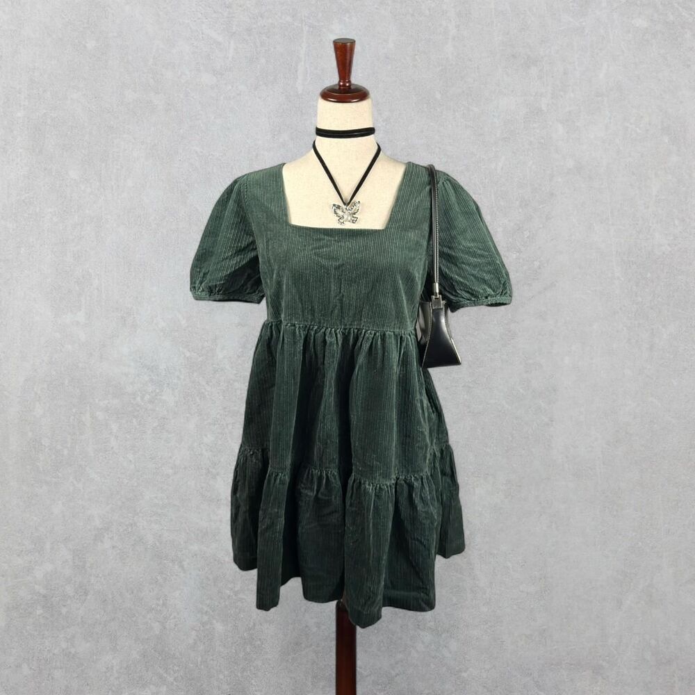Madewell Forest Green Babydoll Puff Sleeve Tiered Mini Dress